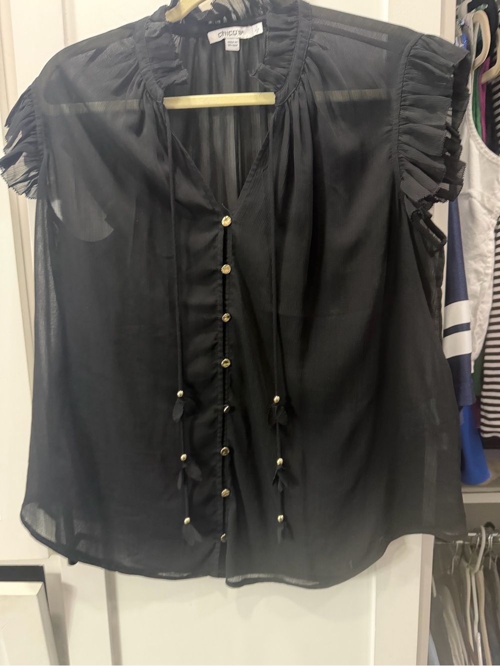 Chico's Black Sheer Ruffle Sleeve Tie-Front Blouse with Gold Buttons